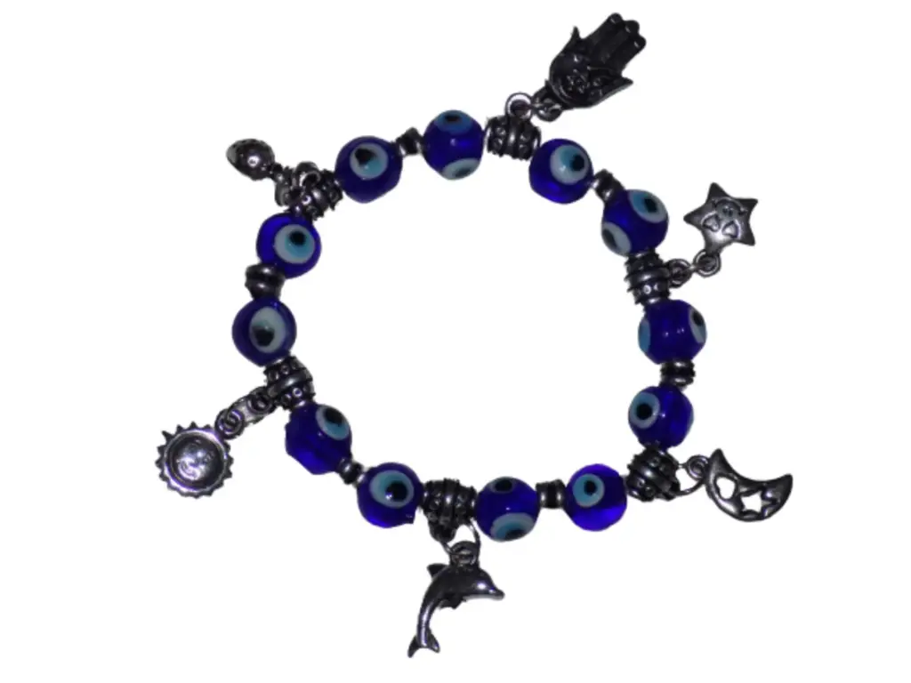 Stretchable Elastic Silver Charm Moti Bead Hanging/Latkan Blue Evil Eye Bracelet  Lucky Hand Nazariya Bracelet Kada Freindship Wrist Band Bangle Gift Jewellery For Womens And Girls