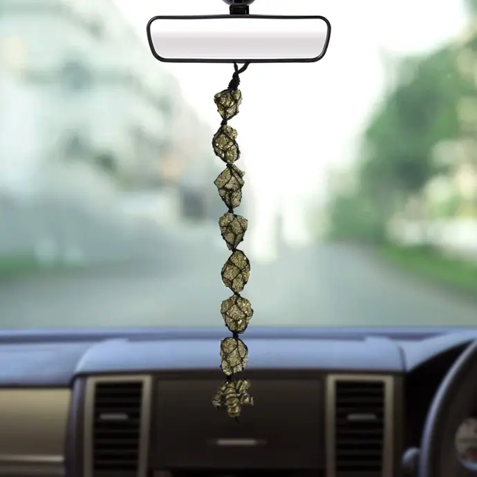Crystu Natural Natural Pyrite Stone Hanging, Pyrite Car Hanging, for Car Hanging and Door Hanging Reiki Healing and Crystal Healing Stones