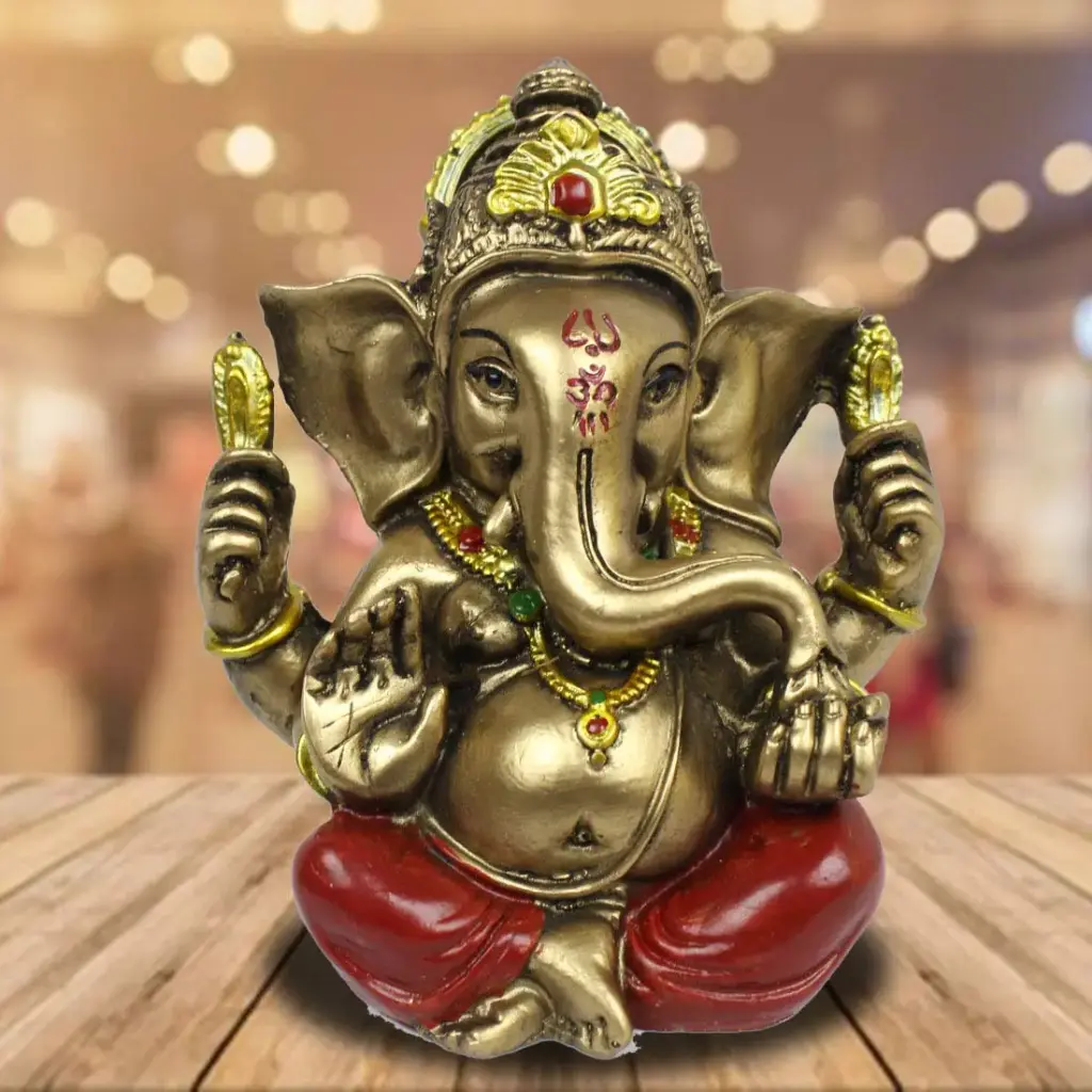 Antique Finish Resin Ganesh ji, Ganesha Idol | Vinayaka | Ganpati Bappa Murti in Red Dhoti Idol for Home Decor