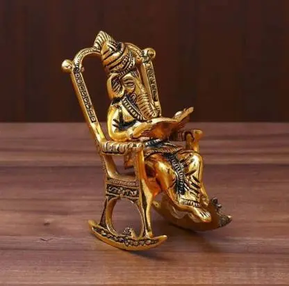 Ganesha On Rocking Chair' Idol Showpiece Figurine (15 cm, Golden, Metal)