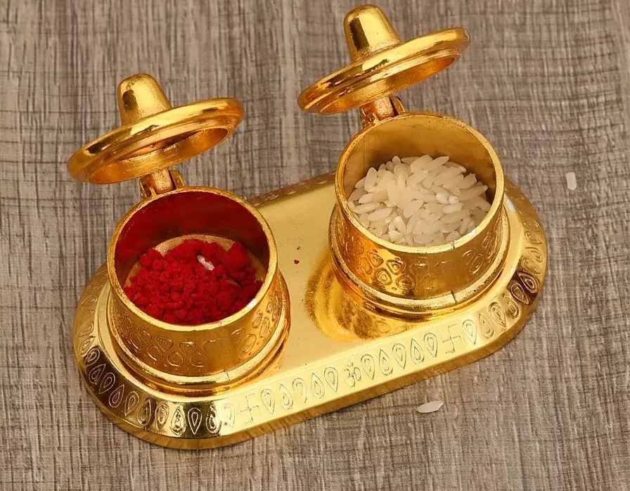 Metal Pooja Roli Chawal Box With Golden Finish Roli Chandan Tikka Holder And Beautiful Sindur Kumkum Box For Puja Decoration items And Temple Decoration Showpiece