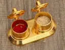 Metal Pooja Roli Chawal Box With Golden Finish Roli Chandan Tikka Holder And Beautiful Sindur Kumkum Box For Puja Decoration items And Temple Decoration Showpiece