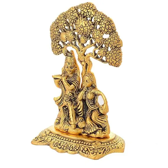 Metal Radha Krishna Sitting Under Tree Plying Flute Decorative Showpiece for Home and Office Decor - 14 cm