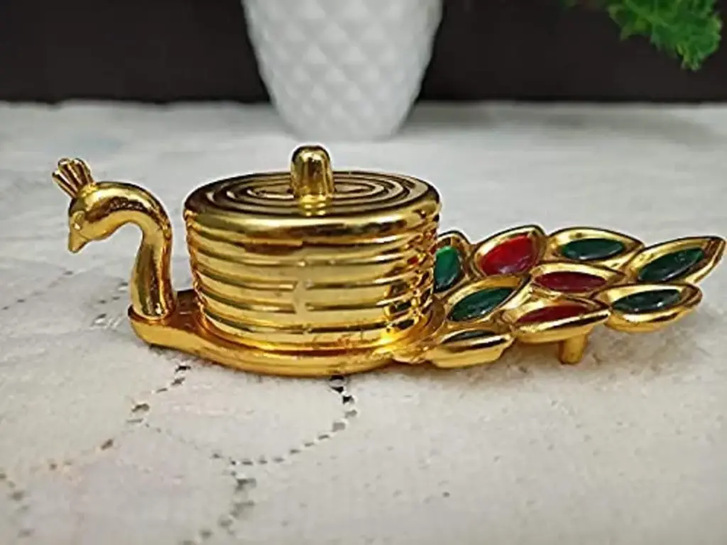 Metal Designer Peacock Kumkum Sindoor Dabbi Bharani: Brass Puja Roli Chawal Holder - Traditional Pooja Decor Accent