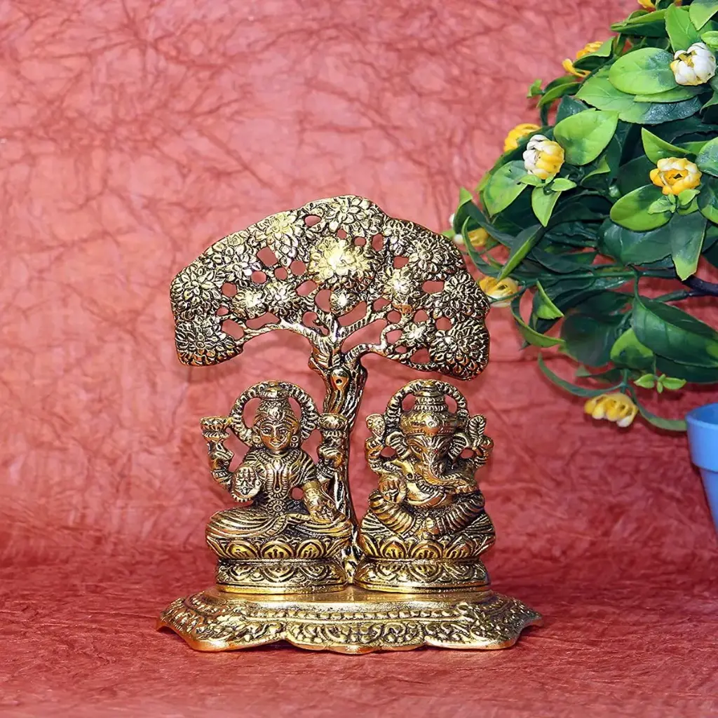 Metal Golden Lord Laxmi Ji , Lord Ganesh Ji Sitting Under Tree Statue , Chowki Decorative Showpiece 081