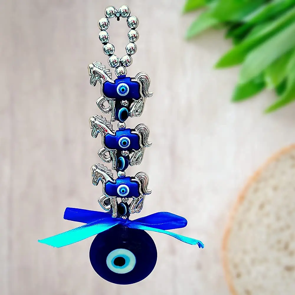Blue Evil Eye Three Horse Silver Beads