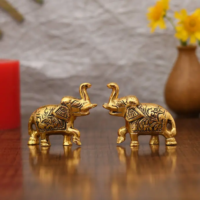 Metal Elephant Pair Set of 2 for Home and Office Decorative Showpiece and Gift Items (Metal, Gold), Animal